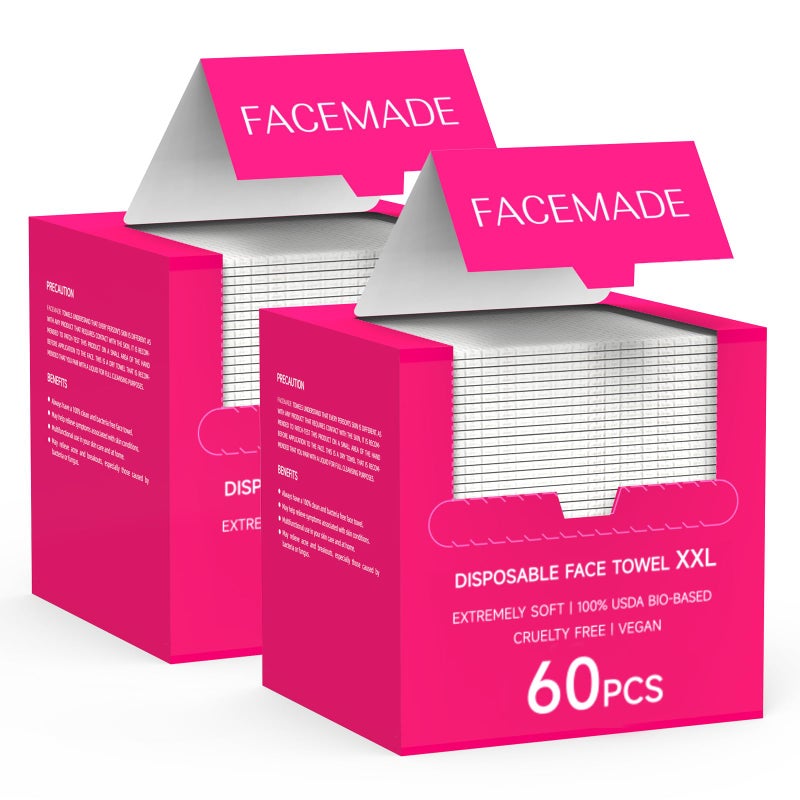 FACEMADE 120 Count XXL Disposable Face Towels 12  12 100 USDA Biobased Face Towelettes Disposable Clean Facial Towels for Makeup and Clean Skin Super Soft and Thick Dry Wipes Club